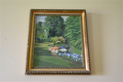 Oil painting of garden with flower lined path