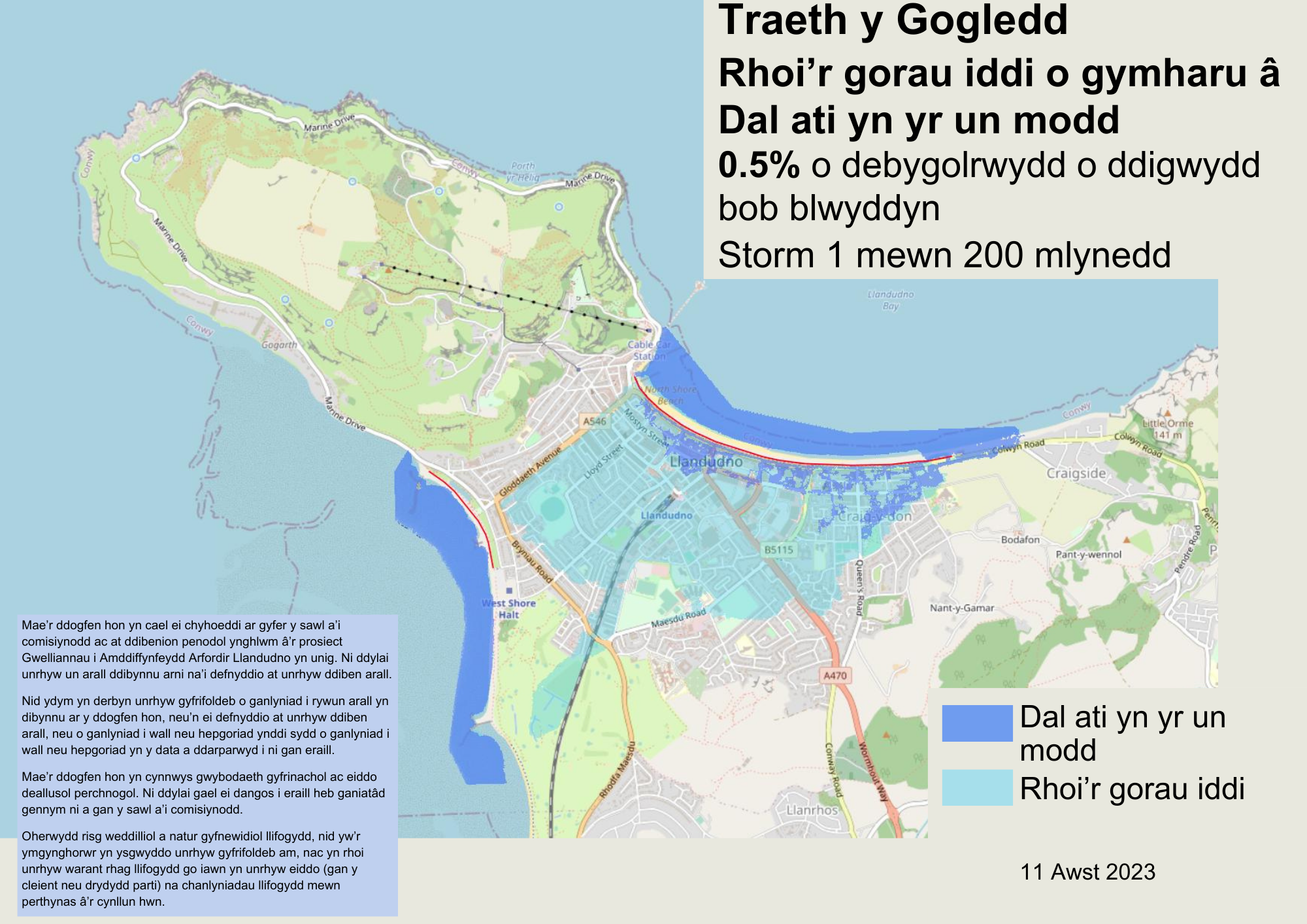 Traeth y Gogledd – ‘Gadael pethau’ o gymharu â ‘fel y mae hi’ yn achos digwyddiad 0.5% o siawns o lifogydd bob blwyddyn (1 mewn 200 mlynedd)