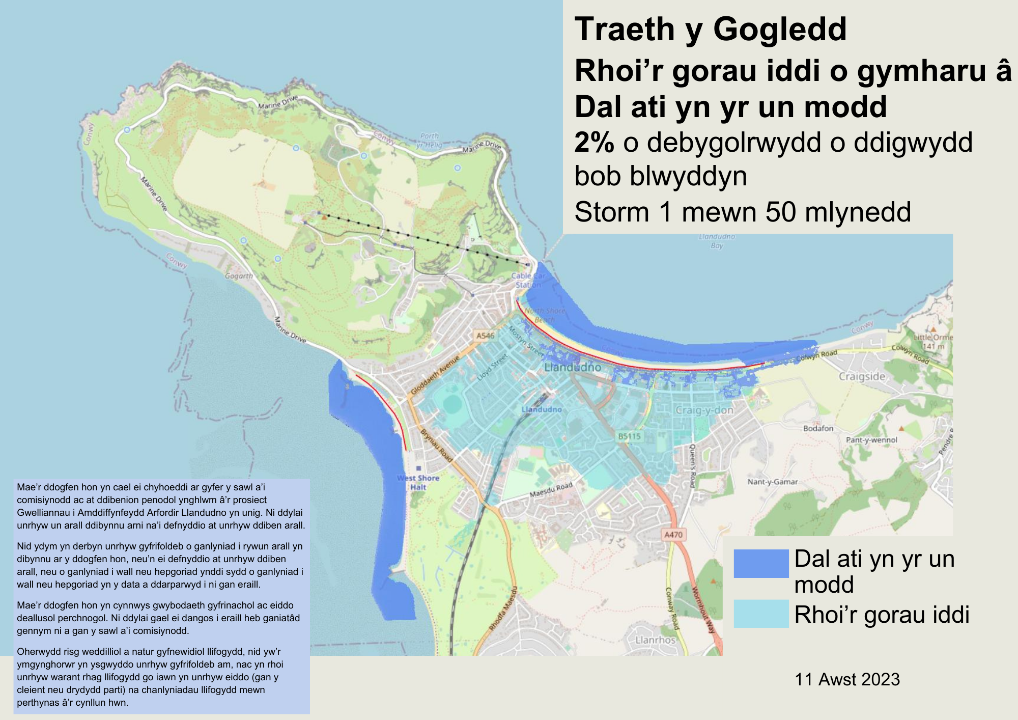 Traeth y Gogledd – ‘Gadael pethau’ o gymharu â ‘fel y mae hi’ yn achos digwyddiad 2% o siawns o lifogydd bob blwyddyn (1 mewn 50 mlynedd)