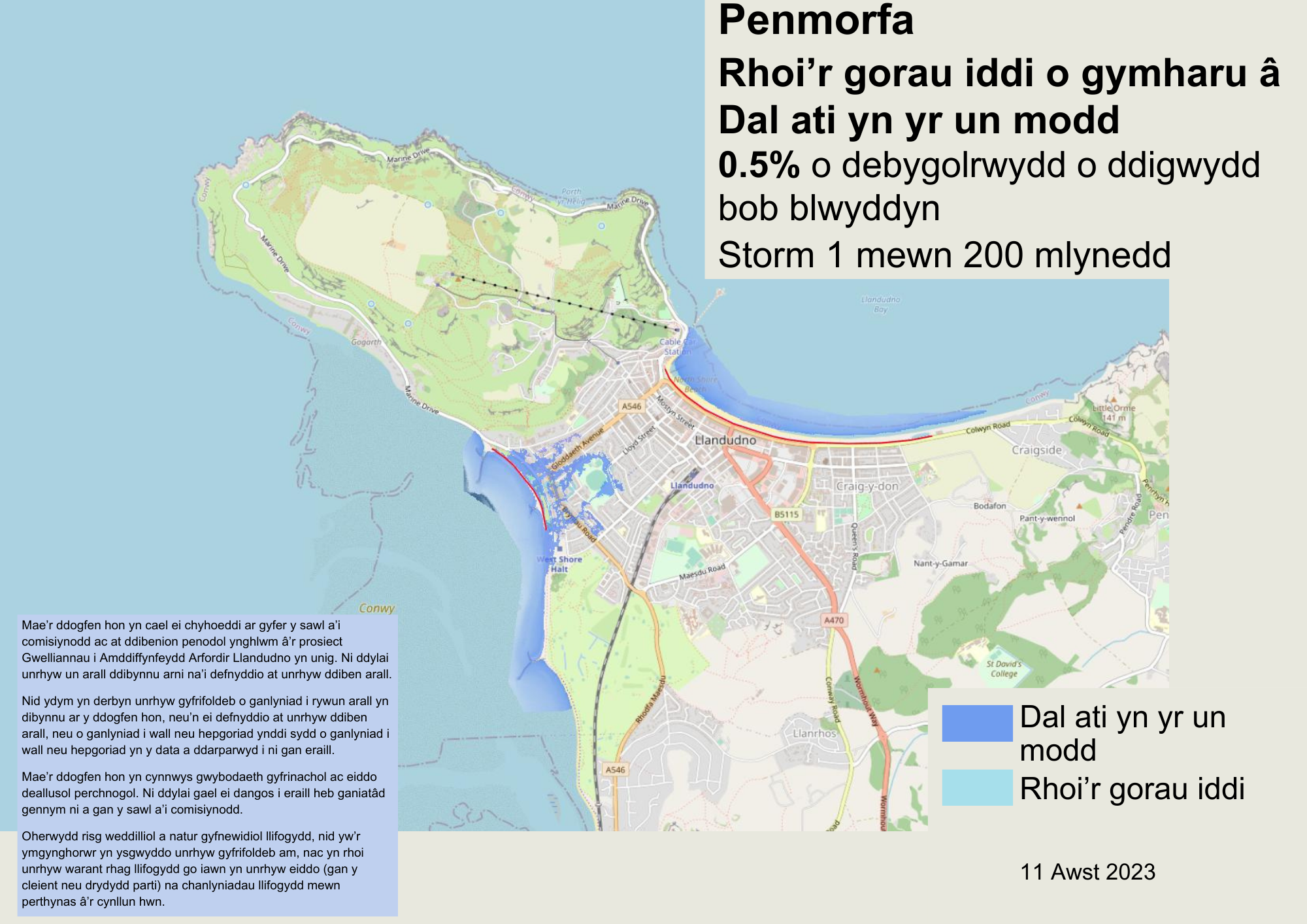 Penmorfa – ‘Gadael pethau’ o gymharu â ‘fel y mae hi’ yn achos digwyddiad 0.5% o siawns o lifogydd bob blwyddyn (1 mewn 200 mlynedd)