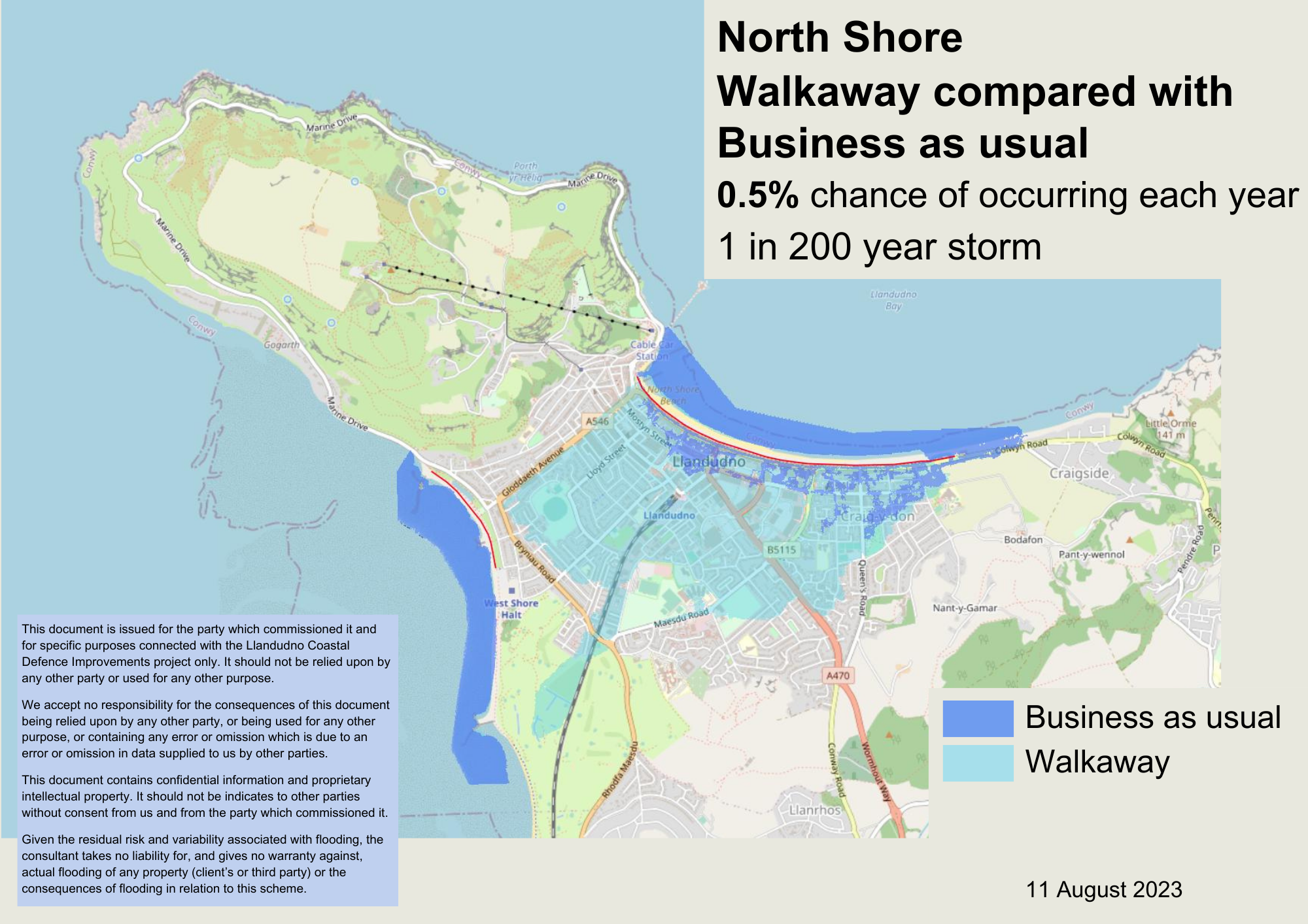 North Shore - Walkaway compared with business as usual in the 0.5% chance of flooding each year (1 in 200 years) scenario
