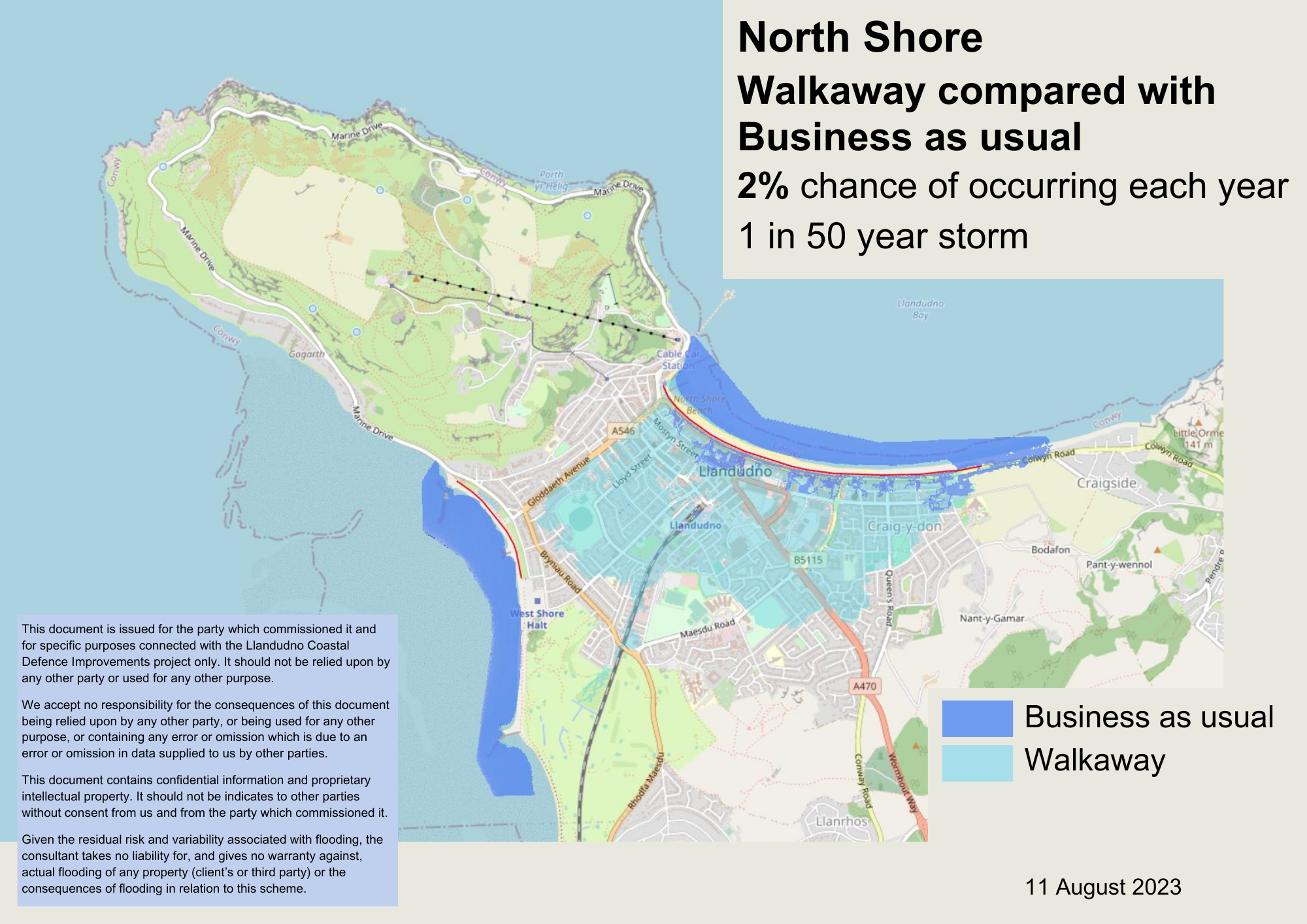 North Shore - Walkaway compared with business as usual in the 2% chance of flooding each year (1 in 50 years) scenario