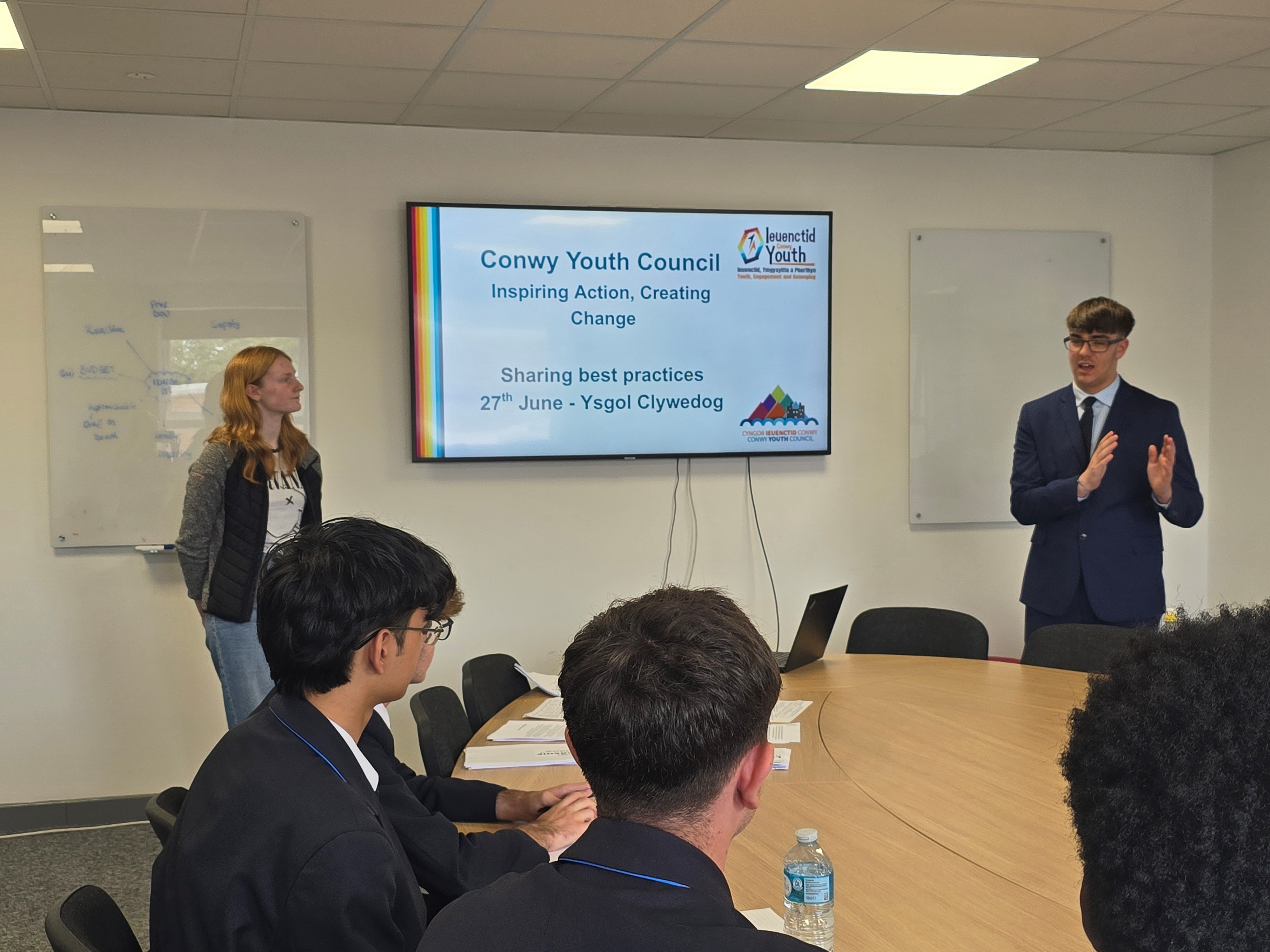 Conwy Youth Council Members Callum Morrissey and Imogen Griffiths at Ysgol Clywedog